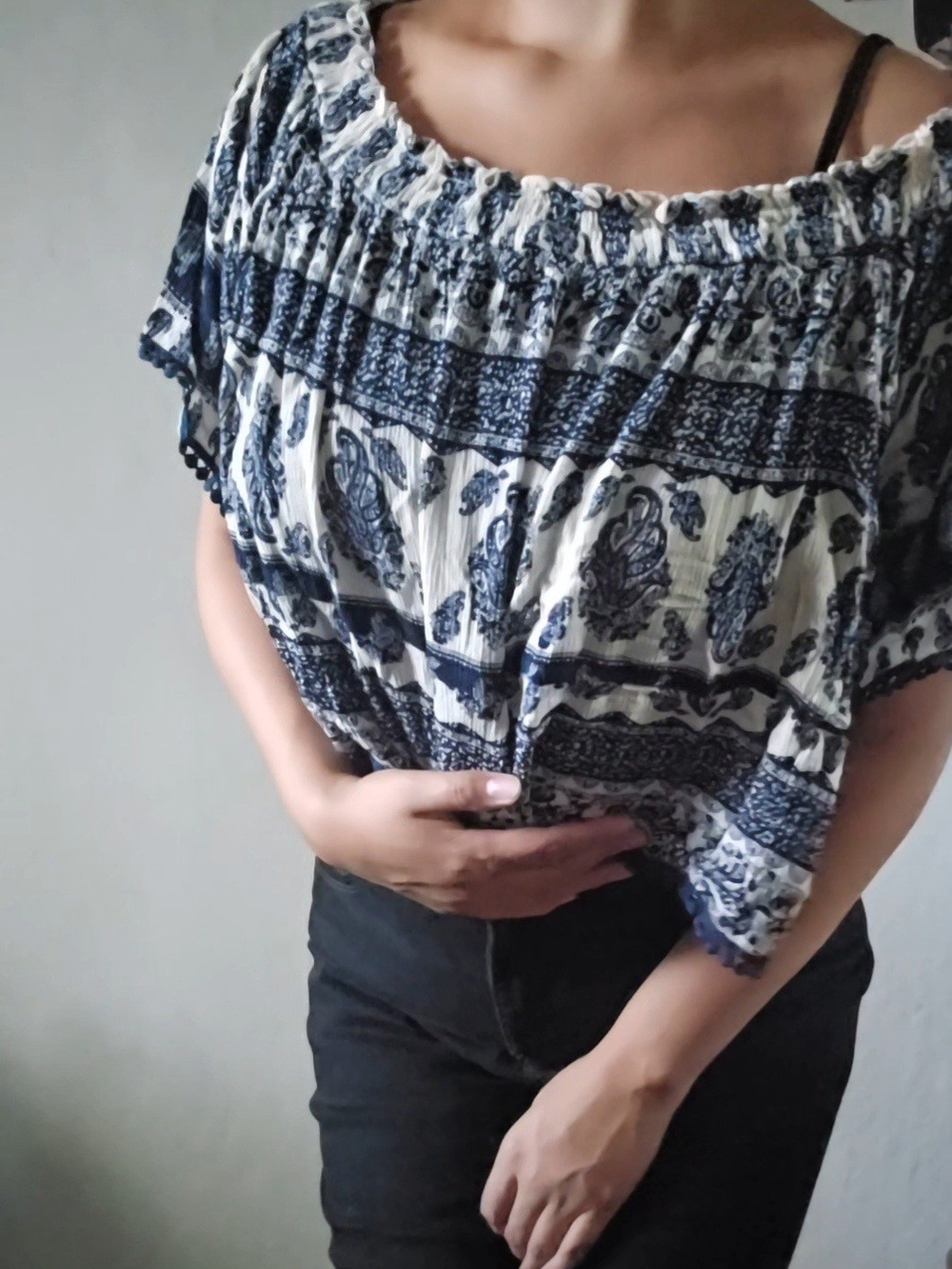 Sadie & Sage Navy and White Paisley Off-Shoulder Top
